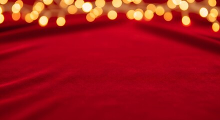 Elegant red velvet background with warm golden bokeh lights creating a festive and luxurious texture for celebrations and seasonal designs, perfect for holiday greetings and upscale promotions