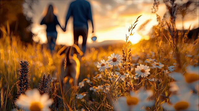 A couple walks their dog through a field of daisies at sunset, with warm golden light illuminating the scene.
