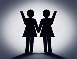 Close up of two paper woman with a raised hand.