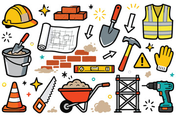 Construction Worker Doodle Flat Set