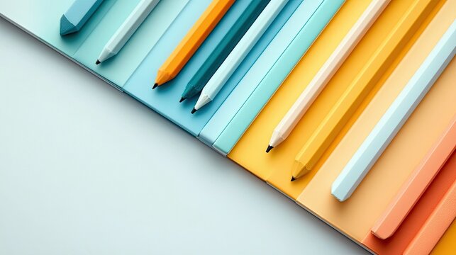A collection of colorful pencils arranged diagonally on a pastel background. The pencils are in shades of blue, teal, orange, yellow, and peach. Top view with b