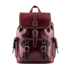 Burgundy leather backpack with stitched edges. Isolated white background. Png format