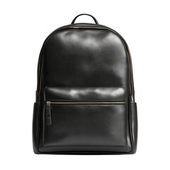 Classic black leather backpack with smooth texture. Isolated white background. Png format