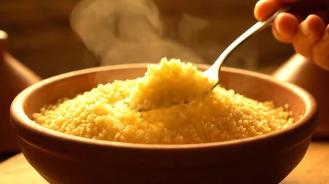 Bowl of couscous with steam and a fork, ready to be eaten.