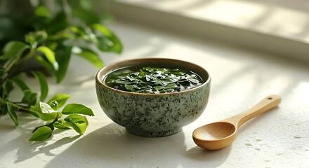 A bowl of green leafy soup with a wooden spoon and plant leaves on a white surface in soft lighting