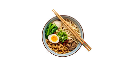 Ramen noodle bowl with egg and chopsticks isolated on transparent background
