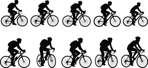 PrintCyclist silhouette, bike motion, pedaling sequence, black vector, sports design, dynamic posture, white background, animation reference, movement study