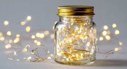 Glass jar filled with string lights, bokeh background