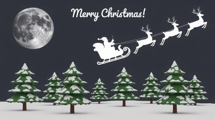 Fototapeta premium Silhouette of santa claus in a sleigh pulled by reindeer flying over snowy pine trees under a full moon