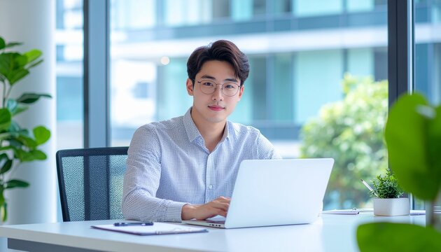 Confident young Asian professional diligently working on a laptop at a modern, bright office desk, embodying success and focused productivity in a corporate environment