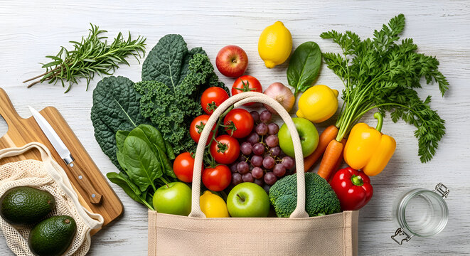 Fresh organic produce overflowing from reusable shopping bag, vibrant vegetables and fruit promising healthy recipes and a sustainable lifestyle