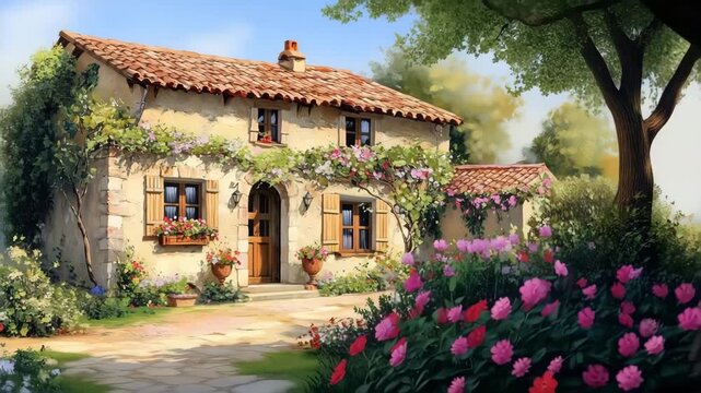 A charming stone country french cottage surrounded by colorful flowers and greenery, featuring wooden shutters and a rustic roof