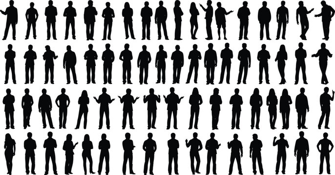 PrintHuman silhouette, standing pose, gesture variety, black and white, crowd layout, body language, vector illustration, posture design, people interaction
