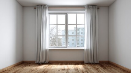 Fototapeta premium Empty interior room showcases natural light through a central window flanked by sheer white drapery