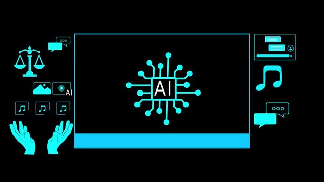 Ethical AI platform creating diverse content formats such as ds card, video, music, and images, showing responsible automation, data integrity, and transparent content generation in digital systems