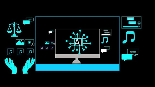 Ethical AI platform creating diverse content formats such as ds card, video, music, and images, showing responsible automation, data integrity, and transparent content generation in digital systems