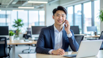 A smiling young Asian businessman in a suit talks on his phone while working in a modern office environment