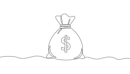 Minimalist continuous line drawing of a money bag with a dollar sign symbol, for finance concept