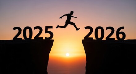 Silhouette leaping from 2025 to 2026 over sunset background