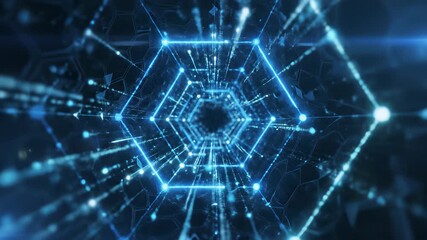 Geometric abstract patterns with blue and black hexagons, stars, and subtle celestial elements create a visually striking composition embodying modern innovation, technological advancement.