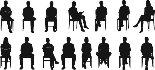 PrintSeated people, silhouette pose, reading gesture, black and white, vector illustration, chair posture, casual sitting, body language, design element
