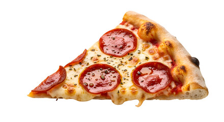 Delicious pepperoni pizza slice with melted cheese isolated on transparent background