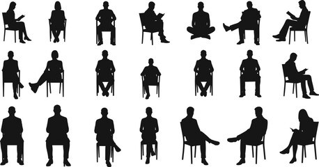 PrintSeated people, silhouette posture, reading gesture, black and white, vector illustration, chair pose, casual sitting, body language, ergonomic design