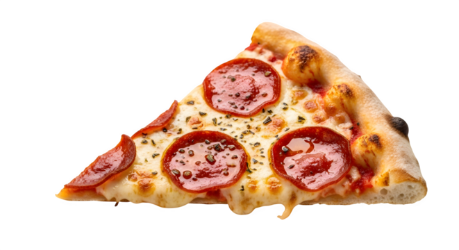Delicious pepperoni pizza slice with melted cheese isolated on transparent background