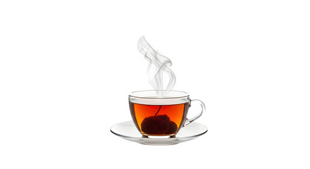 Steaming cup of tea with tea bag isolated on transparent background