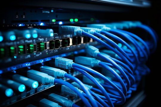LAN cable plugged into server rack ports inside data center - Powered by Adobe