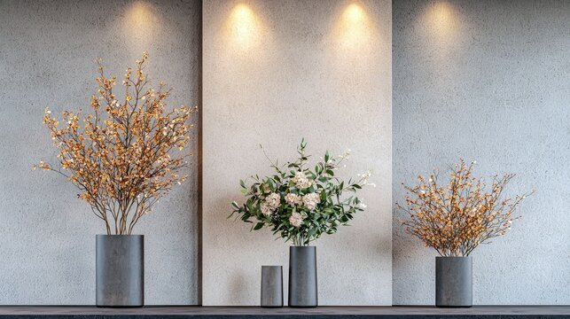 Three vases with floral arrangements are displayed on a shelf against a textured wall. Two vases hold dried branches with small leaves and berries, while the ce