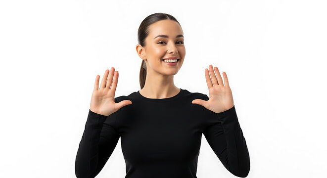 Smiling Brunette Woman Holding Hands Upwards on White Background