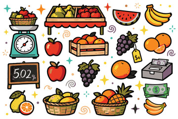 Fruits and vegetables doodle set in a simple vector illustration flat color