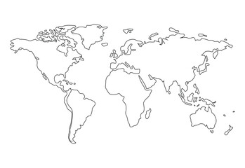Outline world map showing continents and country borders as a simple black and line drawing
