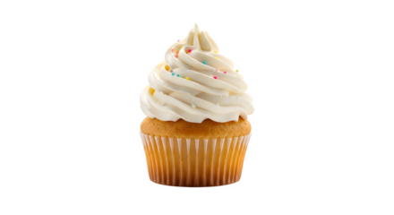 Delicious vanilla cupcake with white frosting isolated on transparent background