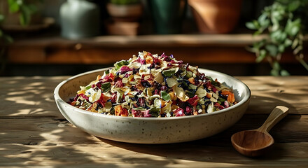 A bowl filled with colorful seeds and dried flowers on a wooden table with a wooden spoon nearby
