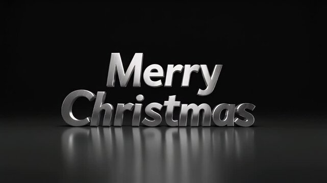 Glossy Merry Christmas text in 3D metallic font with reflection on a dark surface, festive holiday greeting