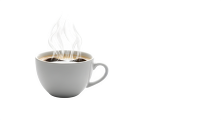 Steaming coffee in a white mug isolated on transparent background