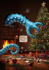 Obraz premium Humorous Octopus Tentacle Emerging from Fireplace During Holiday Aftermath