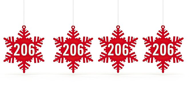 Red snowflake decorations with the number 206 for holiday season on white backdrop