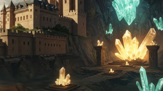 Castle overlooking a cave filled with glowing crystals