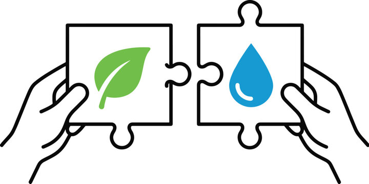 Vector puzzle hands illustration with nature vector leaf and water symbol