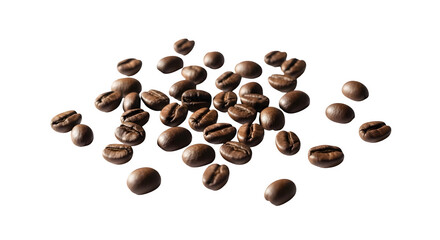 Pile of roasted coffee beans close up isolated on transparent background