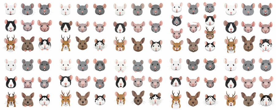 A large collection of cartoon rodent faces, including rats, mice, and fantasy versions, showcasing diversity in color and breed for avatars or mascots.