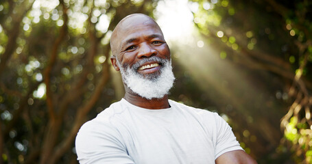 Smile, fitness and portrait of black man in nature for runner, confidence and health. Retirement, exercise pride and wellness with senior person outdoor for mobility training, sport and hobby