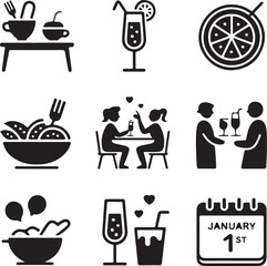 New year, dinner party, romantic date, food drink, calendar date, restaurant meal, celebration icons