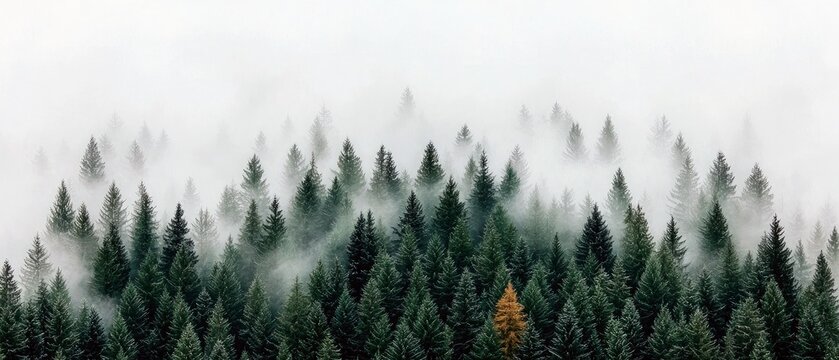 A dense forest of evergreen pine trees shrouded in thick, white fog. The scene is dominated by shades of green and grey, with one distinct yellow-leaved tree st