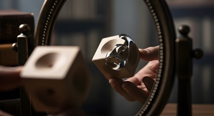 A close-up shot capturing hands holding a wooden cube with a carved indentation and an abstract, metallic, flowing object.