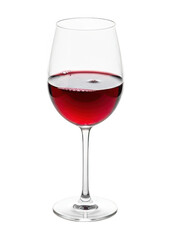 Crystal glassware holds a portion of deep red beverage isolated against a stark background.