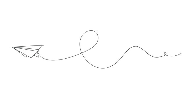 Minimalist continuous line drawing of a paper airplane flying with a dotted flight path creating abstract loops and curves